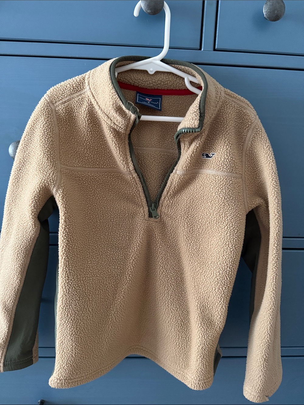 Vineyard Vines Tan Sherpa Half-Zip Pullover with Olive Trim